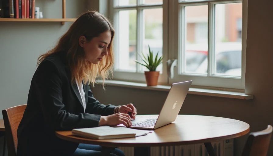 A candid documentary photo of a professional working remotely at a table by a window.
