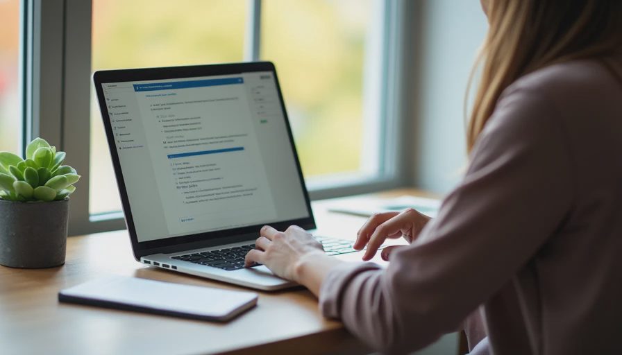 A candid documentary photo of a professional working remotely at a desk by a window with an open journal.
