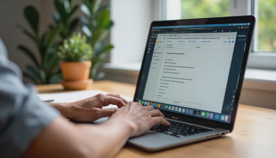 A candid documentary photo of a professional working remotely at a desk by a window with an open journal.