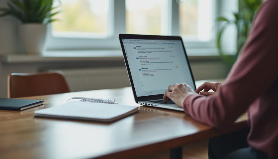 A candid documentary photo of a professional working remotely at a desk by a window with a laptop.