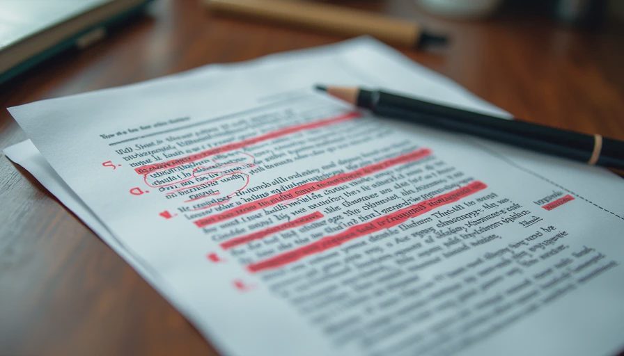 A close-up documentary photo of a printed document with red pen corrections and handwritten notes.