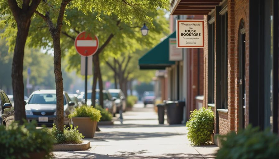 A candid documentary photo of a shaded Austin sidewalk and bookstore entrance on a sunny afternoon.
