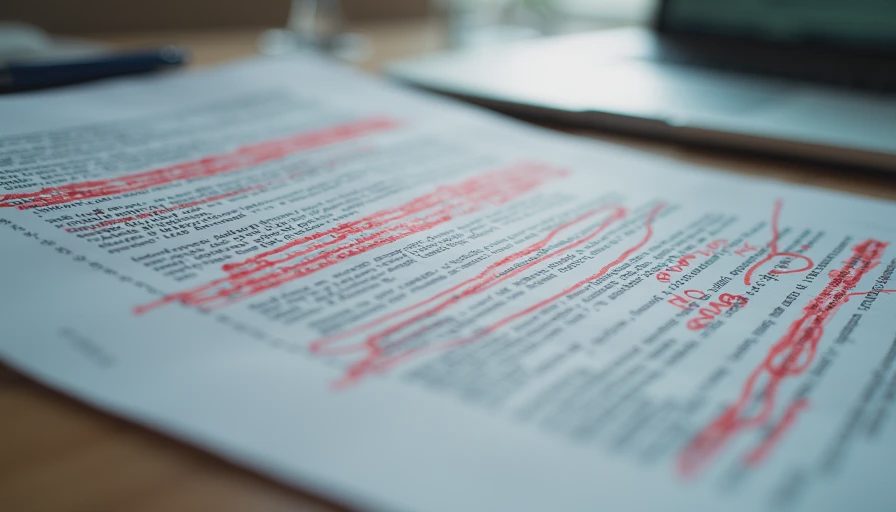 A close-up documentary photo of a printed document with red ink corrections and handwritten marginal notes.