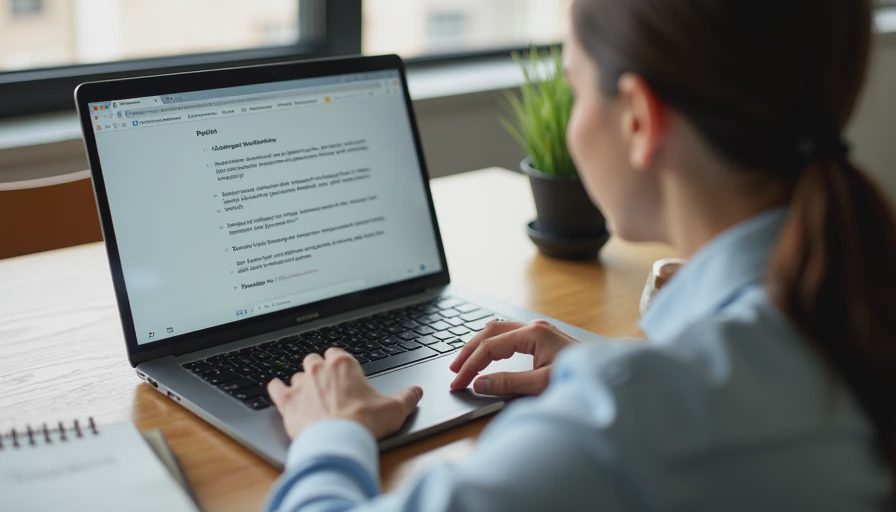 A candid documentary photo of a professional working remotely at a desk by a window with an open journal.
